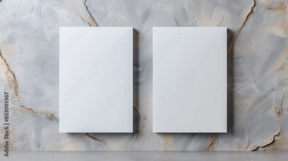 Pair of vertical posters on a grey wall, ready for display, simple and elegant setting, blank canvases for creative designs, subtle lighting and shadows Pair of vertical posters on a grey wall, ready for display, simple and elegant setting, blank canvases for creative designs, subtle lighting and shadows