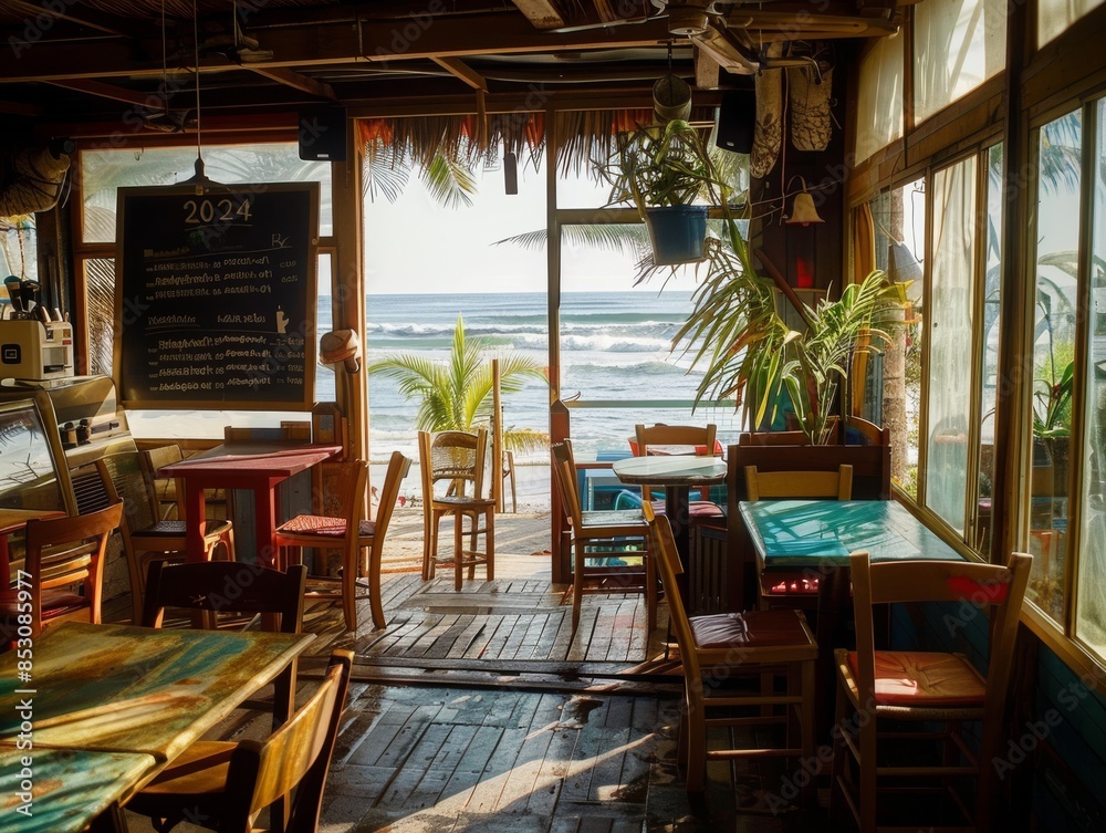 Fototapeta premium Beachside Cafe MenuChalkboard Specials and Coastal Vibe Menu Board Photo.