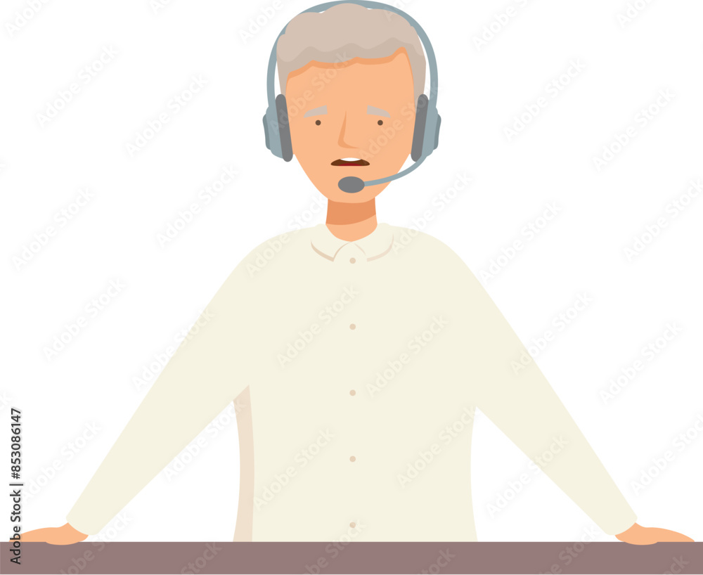 Call center employee wearing headset is speaking into microphone Call center employee wearing headset is speaking into microphone
