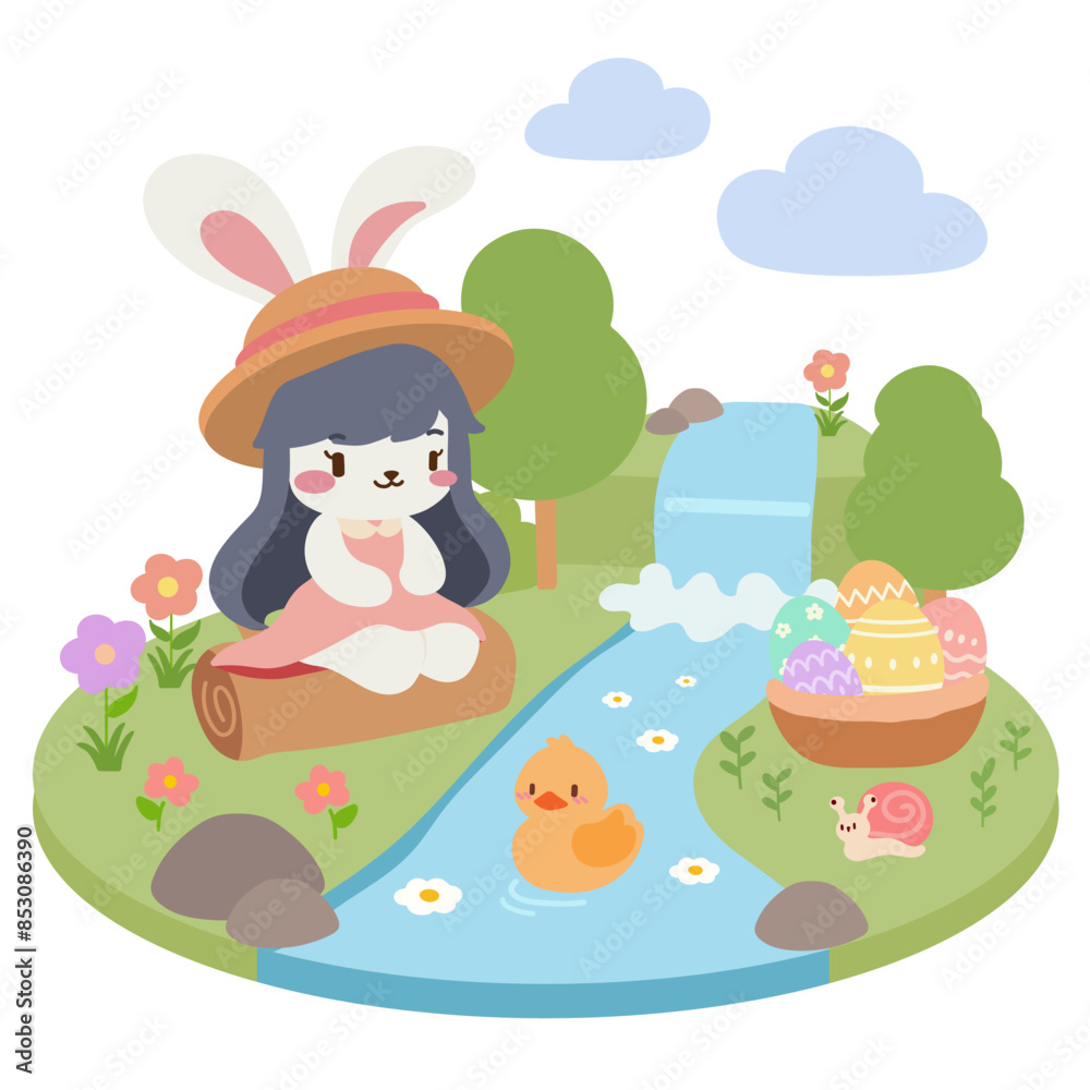 Kawaii Easter Bunny with Eggs by the River. Adorable Spring Illustration. Cute Bunny with Easter Eggs and Duck. Kawaii Easter Bunny with Eggs by the River. Adorable Spring Illustration. Cute Bunny with Easter Eggs and Duck.
