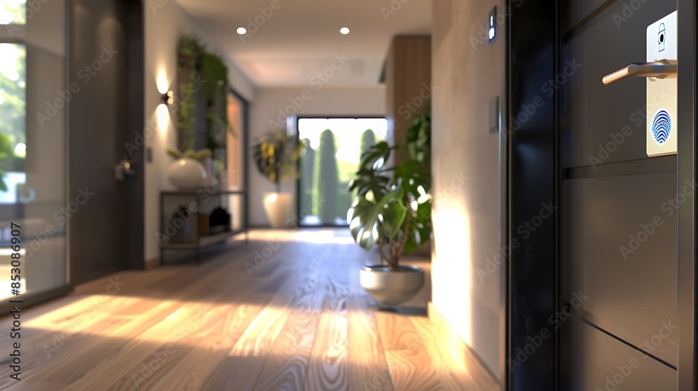 smart foyer with a biometric security system for personalized greetings and security checks, integrated into a stylish design that matches the home's aesthetic smart foyer with a biometric security system for personalized greetings and security checks, integrated into a stylish design that matches the home's aesthetic