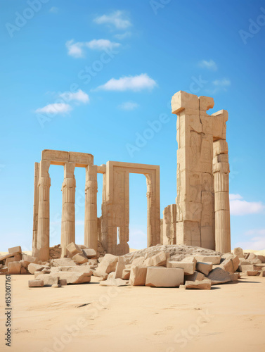 Remnants of an Ancient Egyptian Temple with Tall Pillars and Hieroglyphs on a Sunny Day photo