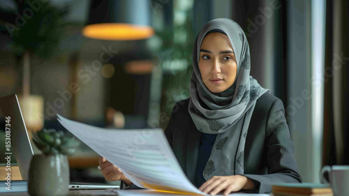 Professional hijabi businesswoman focusedly reading paperwork
 photo