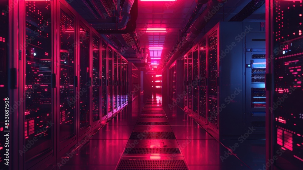 NeonLit Server Room, Rows of Servers Under Pink Lights NeonLit Server Room, Rows of Servers Under Pink Lights