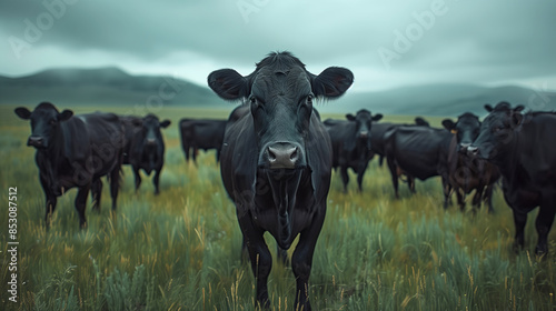 Wallpaper Mural Herd of Black Angus cattle standing together in a field with mountains in the background Torontodigital.ca