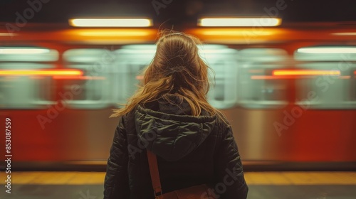 Woman in a Green Jacket Waiting at a Train Station Platform