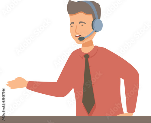 Male call center operator wearing headset is smiling and talking