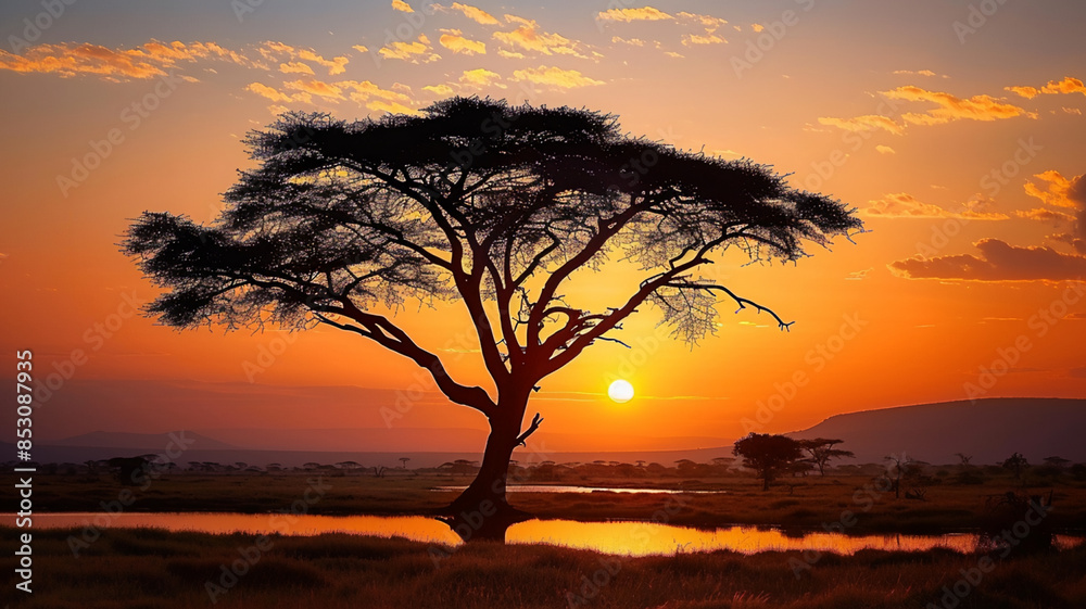 Silhouette of acacia tree in African sunset, AI Generative. Silhouette of acacia tree in African sunset, AI Generative.