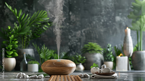 Aromatherapy diffuser releasing vapor in relaxing spa setting with green plants, stones, and candles creating a peaceful atmosphere.