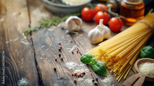 Italian pasta spaghetti with tomatoes, basil, garlic and cheese on wooden table photo