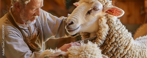 Elderly farmer shearing sheep in rustic barn, demonstrating traditional agriculture and livestock care.