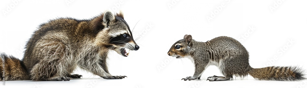 Naklejka premium Photorealistic image of a lone raccoon hissing at a playful squirrel, isolated on a white background, detailed fur texture, sharp focus, clean and clear, antagonistic gazebright tone picture