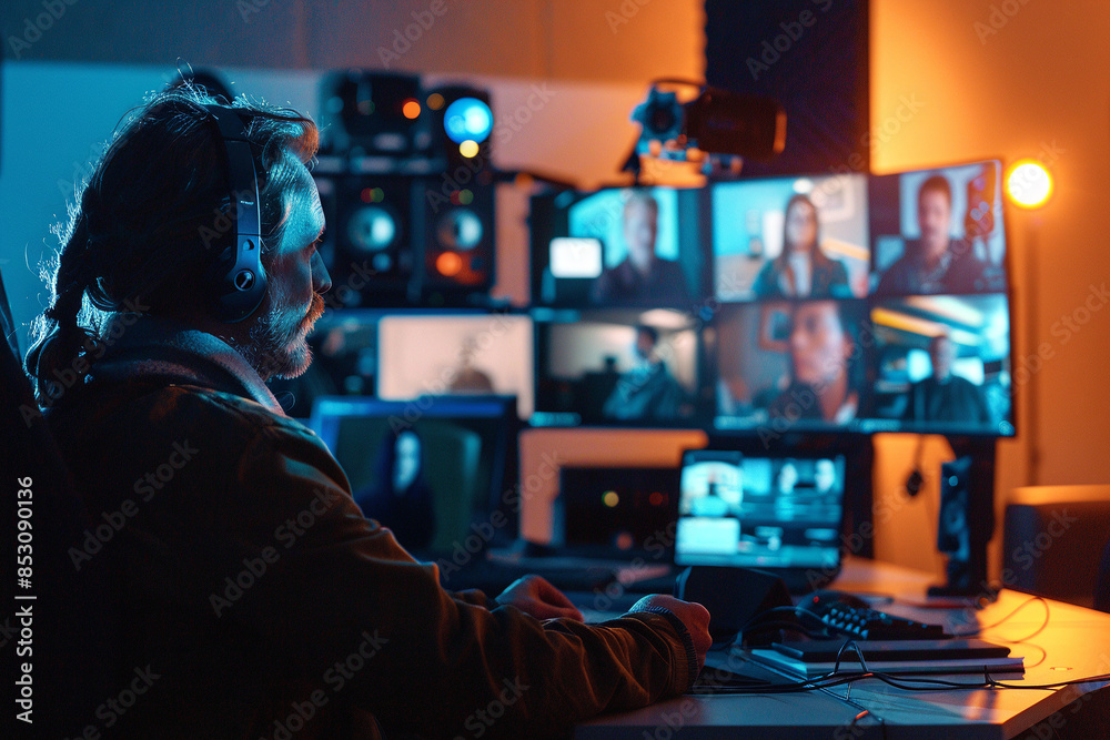Professional developer on video call with his colleagues. A large number of images of colleagues are visible on the monitor Professional developer on video call with his colleagues. A large number of images of colleagues are visible on the monitor