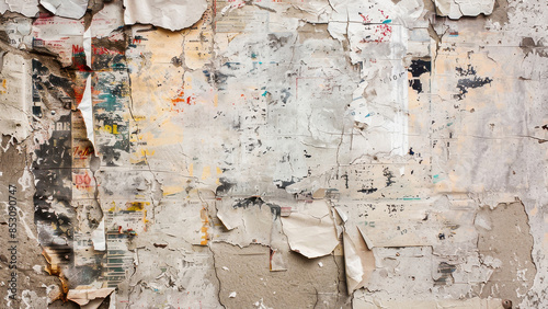 Close-up of a weathered wall with peeling paint and old poster remnants, showing urban decay and a grunge texture in an abstract pattern.