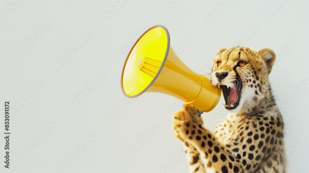 Fototapeta premium The cheetah holds a large yellow megaphone with its paws and says something loudly