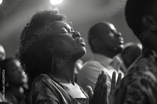 a group of black people worshipping, praising, in the church, hand up, praying and singing, black and white