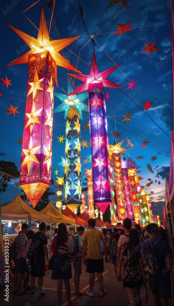 Colorful lanterns and star-shaped lights illuminate a lively night festival, drawing crowds to enjoy the vibrant and festive atmosphere. Colorful lanterns and star-shaped lights illuminate a lively night festival, drawing crowds to enjoy the vibrant and festive atmosphere.
