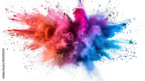 Multicolor powder explosion on White background. Colored cloud. Colorful dust explode. Paint Holi