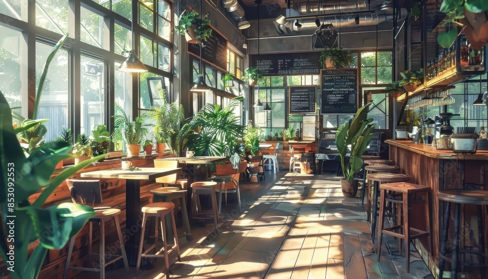 Naklejka premium Cozy modern cafe interior with wooden furniture, lush green plants, and soft natural light pouring through large windows creating a warm ambiance.