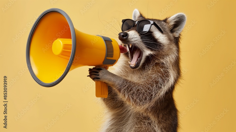 Fototapeta premium Raccoon is wearing sunglasses and speaking into a yellow megaphone on yellow background. Business sales and marketing, discount