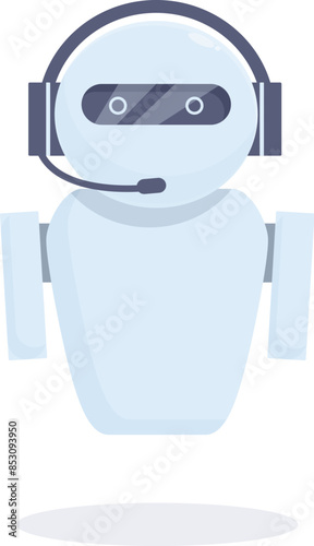 White modern robot wearing a headset is answering questions from customers