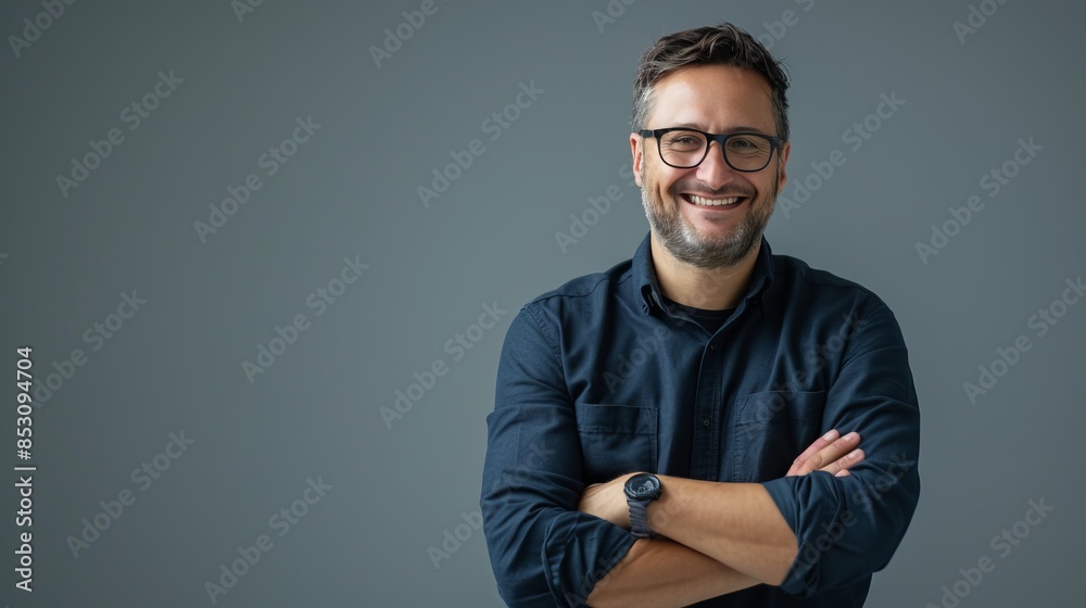 Portrait of a smiling man with glasses and beard, against a plain background. Casual clothing style with folded arms. Suitable for presentations, marketing and professional use. AI