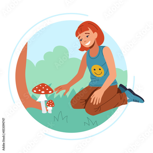 Careless girl picking up poisonous mushrooms on glade flat color vector illustration. Danger in nature for little kids round concept icon on white