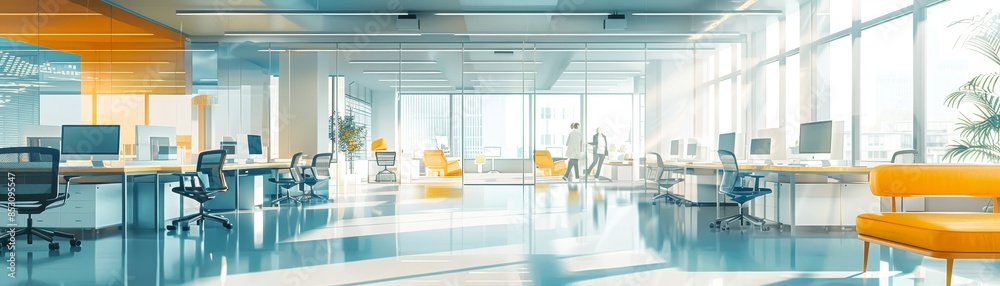 Modern open office space with large windows, bright lighting, and vibrant orange and white furnishings promoting a productive work environment. Modern open office space with large windows, bright lighting, and vibrant orange and white furnishings promoting a productive work environment.