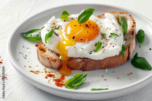 Sliced ​​fried egg with runny yolk flowing on a white plate with green biscuit basil leaves 