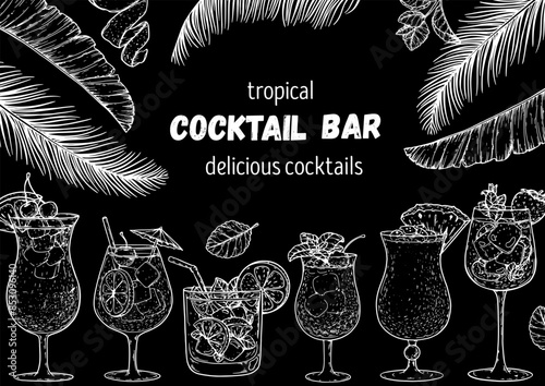 Alcoholic cocktails frame. Hand drawn vector illustration. Tropical Cocktails sketch set. Engraved style.