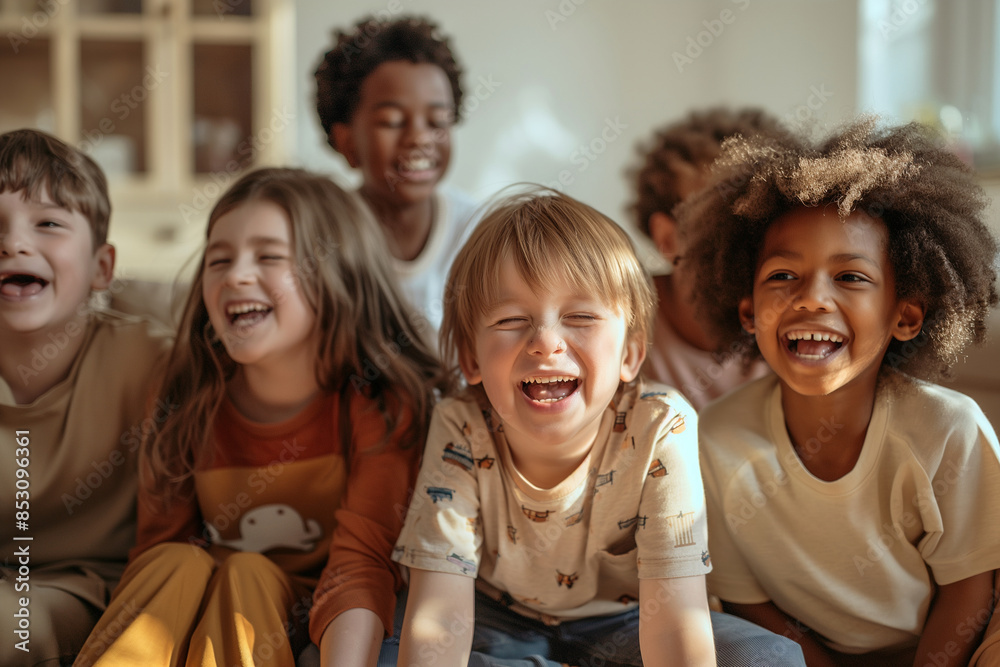 A group of children are sitting together and laughing A group of children are sitting together and laughing
