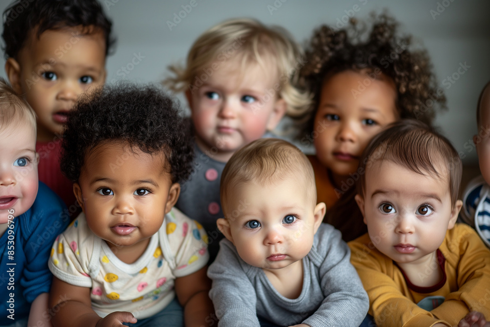 A group of babies are sitting together, some with different hair colors A group of babies are sitting together, some with different hair colors