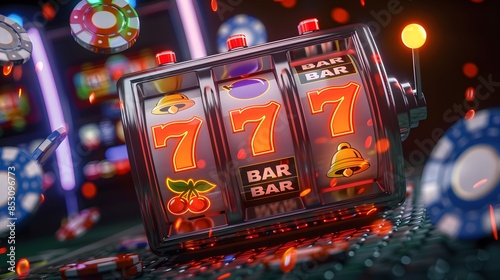 slot machine with neon and casino chips flying around on a dark moody background