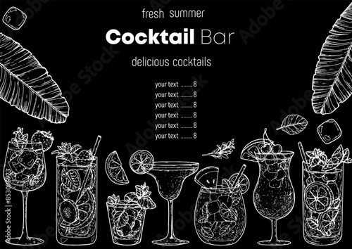 Alcoholic cocktails frame. Hand drawn vector illustration. Tropical Cocktails sketch set. Engraved style.
