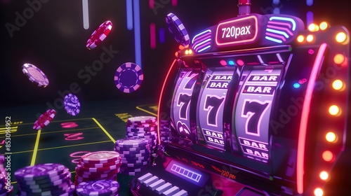 slot machine with neon and casino chips flying around on a dark moody background