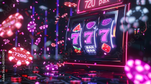 slot machine with neon and casino chips flying around on a dark moody background photo