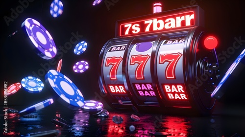 slot machine with neon and casino chips flying around on a dark moody background