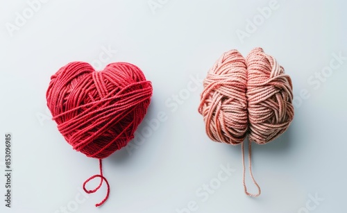 A heart and brain made of yarn, symbolizing the connection between emotional wellbeing and mental health on a white background