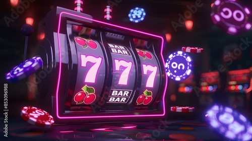 slot machine with neon and casino chips flying around on a dark moody background