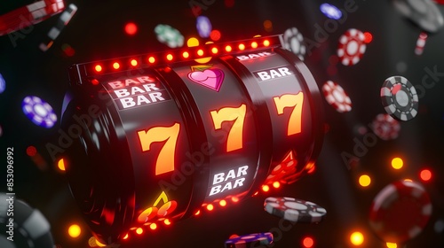 slot machine with neon and casino chips flying around on a dark moody background