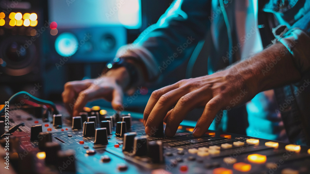 Music producer works at large mixer at studio. The complex process of creating music. Lots of switches and sliders Music producer works at large mixer at studio. The complex process of creating music. Lots of switches and sliders