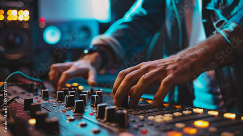 Music producer works at large mixer at studio. The complex process of creating music. Lots of switches and sliders