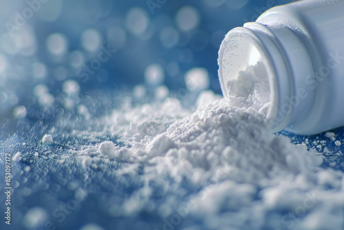 Spilled baby powder. Container with powder close up 