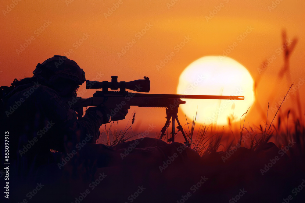 close-up silhouette of a sniper against the background of the setting sun
close-up silhouette of a sniper against the background of the setting sun