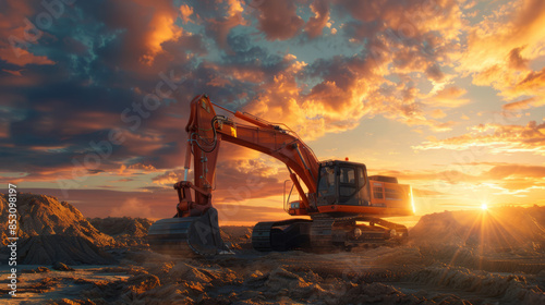 Advertising of special machines for construction tasks. Orange epic excavator on construction site against sunset background with space for text or inscriptions
 photo