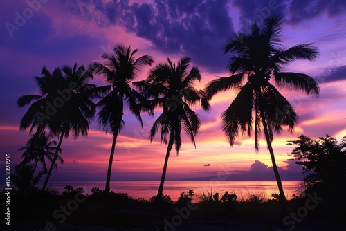 Sky At Dawn. Silhouettes of Palm Trees under the Romantic Sky in Zanzibar, Tanzania © Vlad