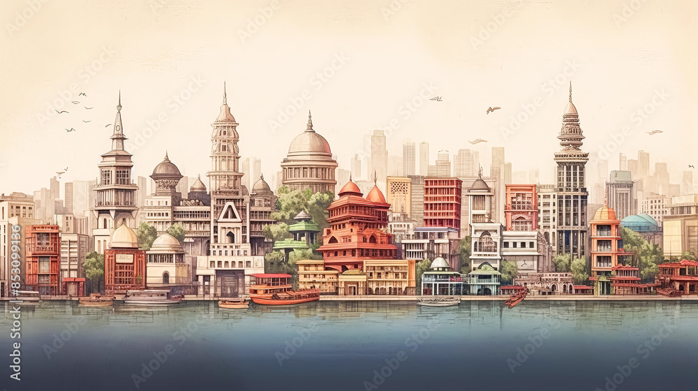 Obraz premium A painting of a cityscape with many buildings and a boat in the foreground.