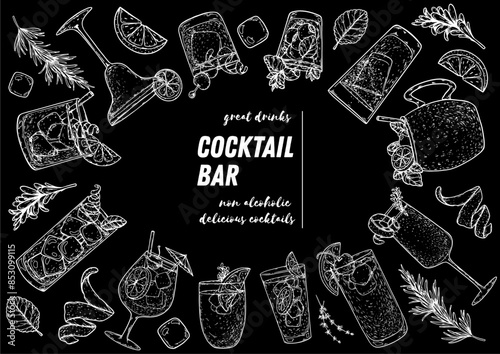 Alcoholic cocktails frame. Hand drawn illustration. Cocktails sketch set. Engraved style.