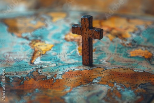 Christian cross on a map. Symbol of the missionaries