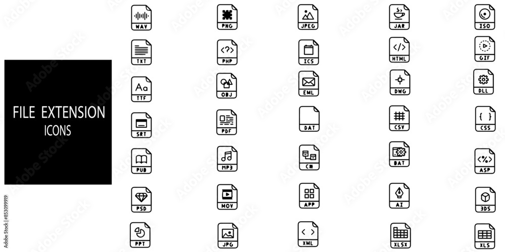 File extension 35 line icons set.Extension Name linear icons.Set of multimedia symbols drawn with thin contour lines.Vector illustration.